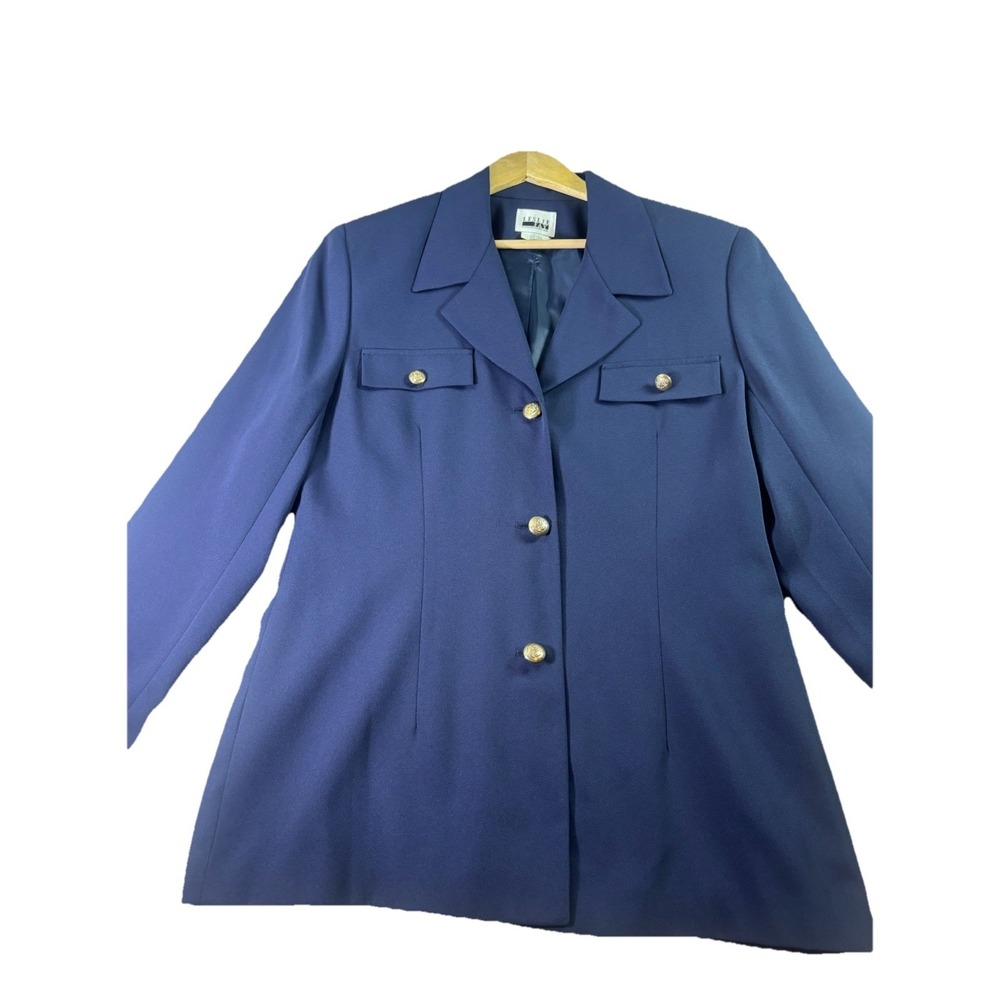 Vintage Leslie Fay Navy Gold Buttons  Military Jacket Blazer Sz 14 Casual Office
